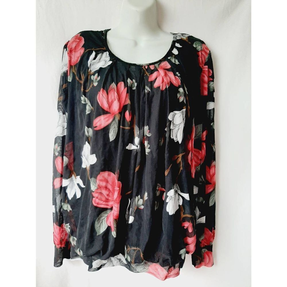 BaiSheng GT black semi sheer floral sz XL stretchy blouse
